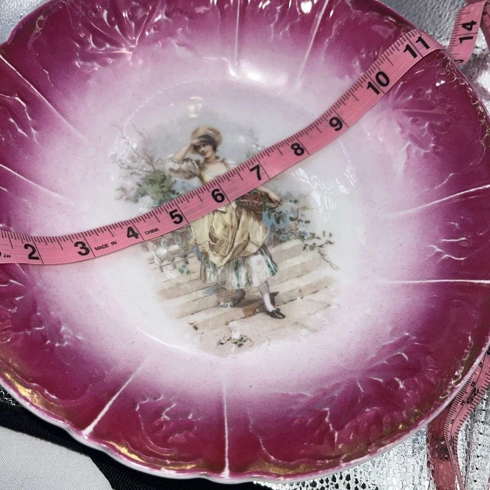 Antique Royal Bavarian‎ Flow Pink Gold Gilt Bowl Maidens Swan Scene Germany